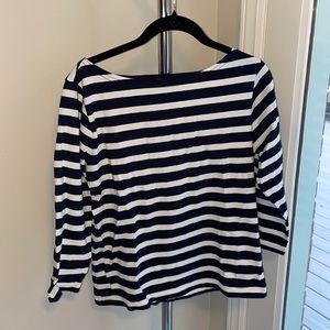 J. Crew navy and white striped boat neck top with 3/4 sleeves. Size S. NWT